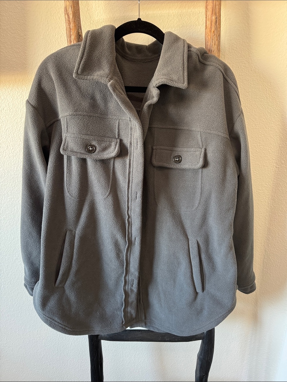 Grey Fleece Oversized Shacket Jacket - Women's Casual Layering